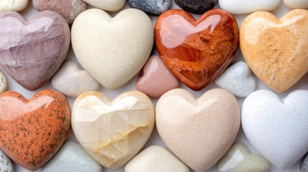 A vibrant collection of heart-shaped stones showcasing diverse colors and textures, perfect for romantic decorations or gifts, evoking love and serenity.の素材