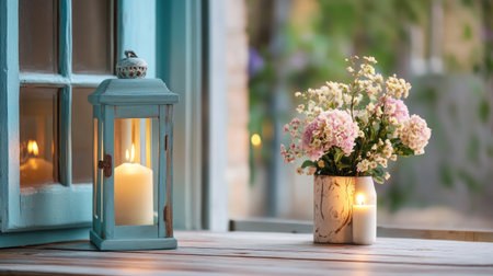 A serene scene featuring a decorative lantern with a candle beside a floral arrangement in a vase, perfect for home decor and cozy atmospheres.の素材