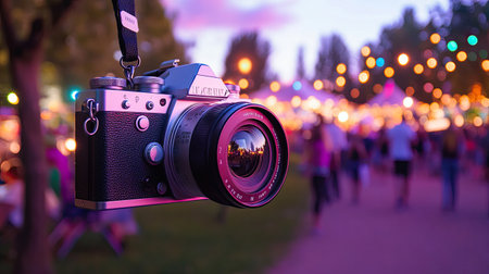 A vintage camera hangs from a strap, capturing the essence of a lively festival illuminated by colorful lights. Perfect for photography enthusiasts.の素材