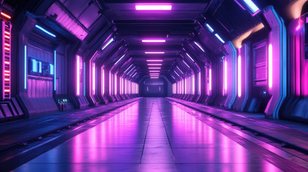 This image features a futuristic corridor illuminated by vibrant neon lights, creating a captivating sci-fi atmosphere. The sleek design and colorful reflections enhance the visual impact, making it perfect for various digital projects.の素材