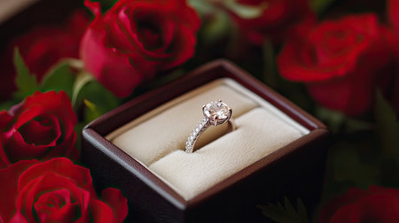 A stunning diamond engagement ring rests elegantly in a luxurious box, surrounded by vivid red roses, symbolizing love and romance. Perfect for wedding proposals.の素材