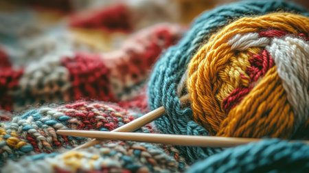 A closeup of a vibrant yarn ball and knitting needles resting on a textured blanket. Perfect for illustrating creativity and DIY artistry in cozy settings.の素材