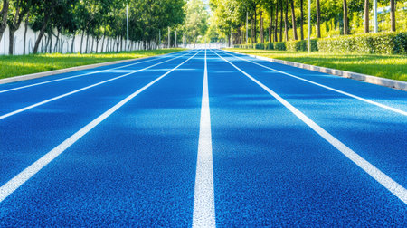 A vibrant blue running track stretches ahead, framed by lush greenery. Perfect for sports events, fitness training, and active lifestyle imagery.の素材