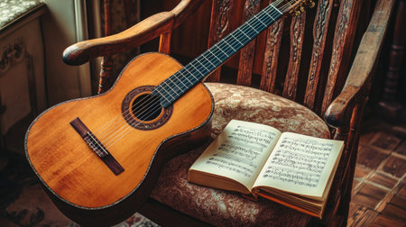 A beautifully crafted acoustic guitar rests on a vintage chair beside an open sheet music, creating a serene and artistic atmosphere perfect for music lovers.の素材