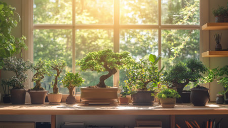 A beautifully arranged collection of bonsai trees on a sunny windowsill, showcasing the harmony of nature and indoor gardening. The warm sunlight enhances the vibrant greenery.の素材