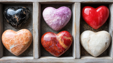 A vibrant collection of heart-shaped stones in various colors, beautifully arranged in a wooden tray. Ideal for decoration, gifts, and wellness practices.の素材