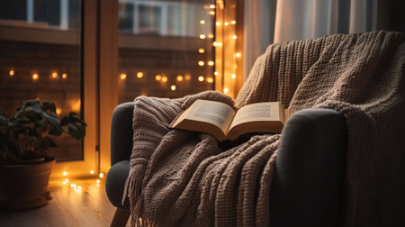 A cozy reading nook featuring an open book resting on a comfy armchair, draped in a knit blanket. Warm evening light and soft decor create a tranquil atmosphere.の素材