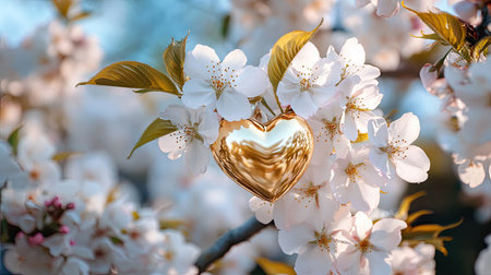 A stunning gold heart pendant nestled among delicate cherry blossoms showcases the beauty of spring. This enchanting scene embodies love and nature charm.の素材