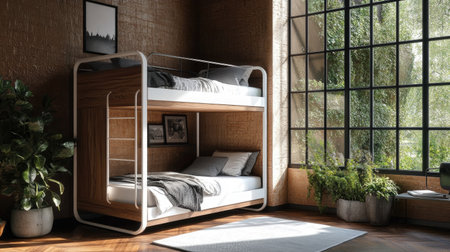 Discover a stylish and modern bunk bed design in a bright room featuring large windows. This cozy space emphasizes natural light and minimalist decor for a serene atmosphere.の素材