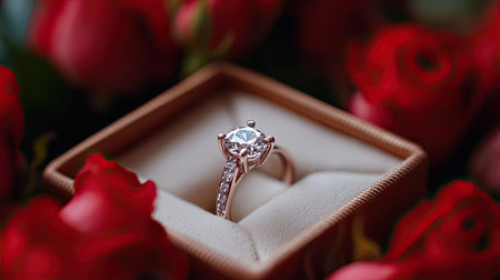 A stunning diamond ring elegantly rests on a soft velvet box, surrounded by vibrant red roses, symbolizing love and romance, perfect for memorable occasions.の素材