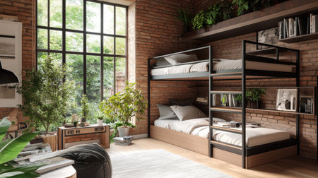 Discover a cozy bunk bed room featuring industrial style elements, large windows for natural light, and lush greenery, creating a serene and stylish retreat.の素材