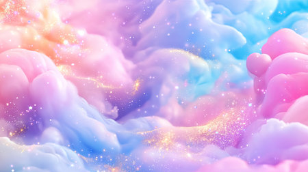 Explore a captivating background of soft pastel clouds, adorned with twinkling stars and sparkling elements, evoking a sense of magic and tranquility.の素材