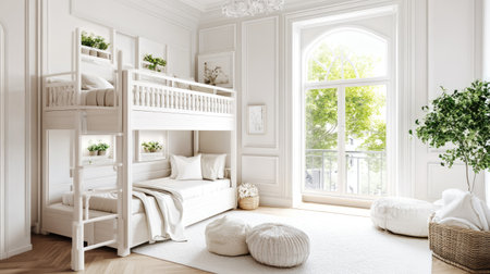 A serene modern bedroom featuring a stylish bunk bed, soft textures, and plenty of natural light. Ideal for family or children's spaces, it emphasizes comfort.の素材