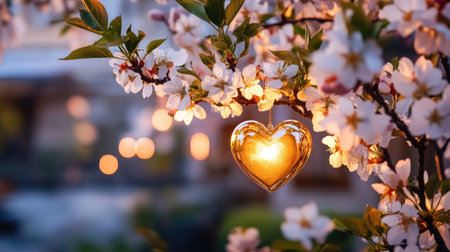A stunning heart-shaped ornament glows softly amid cherry blossom flowers, capturing the essence of spring. Perfect for romantic, serene themes.の素材