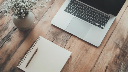 A serene workspace featuring a sleek laptop, blank notebook, and a charming vase of flowers on a wooden table, perfect for inspiration and productivity.の素材