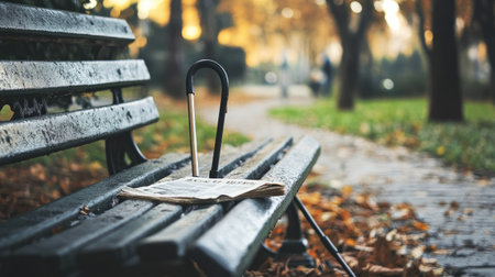 A serene autumn scene featuring an umbrella resting on a newspaper on a park bench, surrounded by colorful leaves and a peaceful path. Perfect for evoking relaxation.の素材