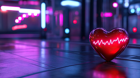A vibrant neon heart with a pulse line, set in a futuristic urban environment, symbolizes love and emotion against a backdrop of glowing lights and reflections.の素材