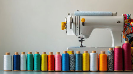 A vibrant sewing machine stands next to an array of colorful thread spools, showcasing the beauty of crafting and creativity in a bright workspace.の素材