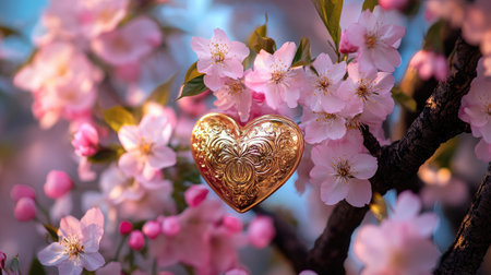 A stunning gold heart rests among beautiful pink cherry blossoms, symbolizing love and elegance. This captivating scene evokes feelings of spring and romance in nature.の素材