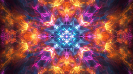 Explore a vibrant and colorful abstract kaleidoscope background featuring intricate patterns and radiant light effects. Perfect for digital art projects.の素材