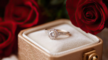 A stunning diamond ring beautifully displayed in a luxurious jewelry box, surrounded by rich red roses, capturing the essence of romance and elegance. Perfect for engagement or anniversary celebrations.の素材