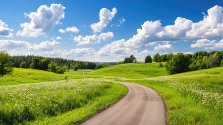 A beautiful winding road meanders through vibrant green fields under a vast blue sky adorned with fluffy white clouds, inviting outdoor adventure.の素材
