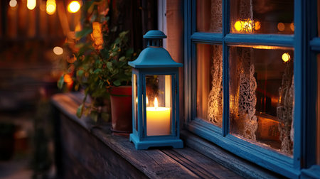A cozy evening scene featuring a lantern with a candle beside a window. The warm glow creates a tranquil atmosphere, perfect for relaxation and charm.の素材