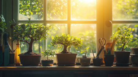 A tranquil indoor garden featuring various bonsai plants basking in warm sunlight. The serene atmosphere invites relaxation and reflects nature's beauty.の素材