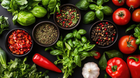 A colorful assortment of fresh herbs and vegetables laid out on a dark background, perfect for culinary art and healthy meal preparation, showcasing vibrant colors and natural textures.の素材