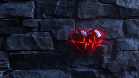 A glowing red heart with a pulse line rests against a dark stone surface. This striking image symbolizes love and health, perfect for various creative projects.の素材