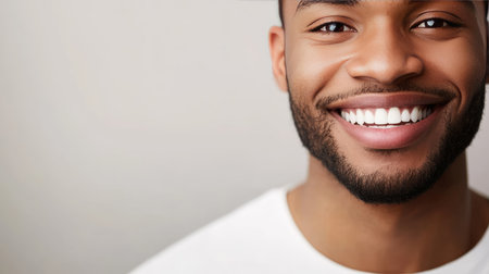 A close-up portrait of a young man with a bright, genuine smile, showcasing joy and positivity. The neutral background enhances his approachable demeanor and warm personality.の素材