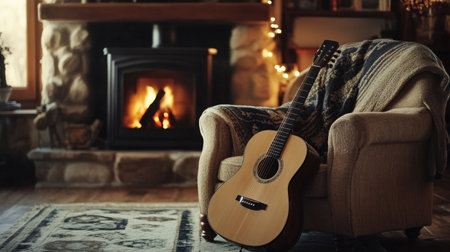 A serene living room scene featuring a beautiful acoustic guitar resting on a cozy armchair. The warm fireplace creates an inviting ambiance, perfect for relaxation and creativity.の素材