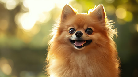 This delightful portrait showcases a Pomeranian dog with a fluffy coat, radiating joy and playfulness in a bright, natural outdoor setting.の素材