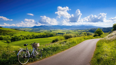 A tranquil countryside scene featuring a vintage bicycle parked by a winding road. Lush greenery and majestic mountains form the backdrop under a vibrant blue sky adorned with fluffy clouds, inviting relaxation and exploration.の素材