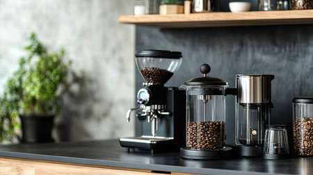 A modern coffee brewing setup showcasing stylish coffee gadgets and fresh beans, perfect for coffee enthusiasts looking to elevate their brewing experience.の素材