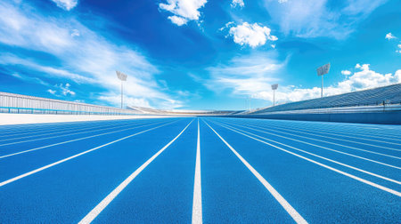 A vivid image showcasing a modern outdoor athletic track, featuring striking blue lines under a bright blue sky with fluffy clouds, ideal for sports-themed projects.の素材