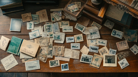 A nostalgic arrangement of vintage postcards and letters spread across a wooden table, showcasing memories and historical moments captured in paper artifacts. Perfect for creative projects.の素材