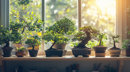 A serene arrangement of bonsai plants on a sun-kissed windowsill, showcasing the beauty of indoor gardening. Ideal for nature lovers and home decor enthusiasts.の素材