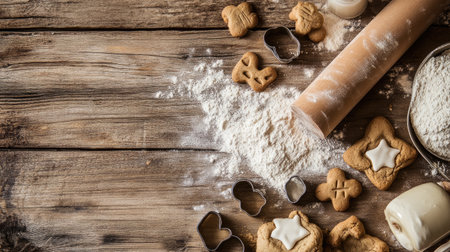 A cozy baking scene featuring a rolling pin, cookie cutters, and freshly made dough. Perfect for capturing the joy of making sweet treats during holidays.の素材