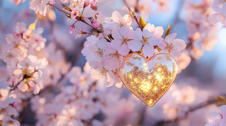 A captivating heart-shaped ornament hangs gracefully among cherry blossoms, radiating soft light. This image captures the essence of spring and love.の素材