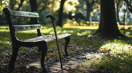 A peaceful park scene featuring a wooden bench and a walking cane resting on the ground. Sunlight filters through the trees, creating a serene atmosphere perfect for relaxation.の素材