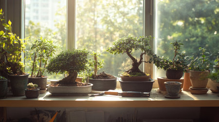 A tranquil indoor scene featuring various bonsai plants bathed in soft morning light. The serene atmosphere invites relaxation and appreciation of nature.の素材