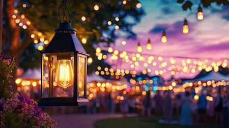 A beautifully lit lantern provides warm illumination against a vibrant evening backdrop filled with string lights and soft bokeh, perfect for outdoor celebrations.の素材