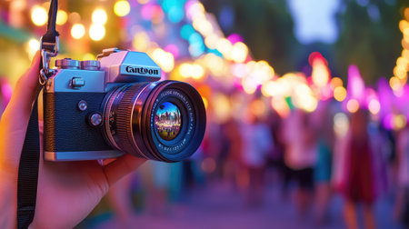A hand holds a vintage camera amidst colorful lights at a lively festival. The vibrant scene captures the joy and excitement of celebration, perfect for photography enthusiasts.の素材