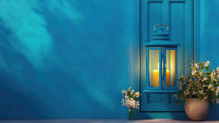 A captivating composition featuring a glowing lantern beside fresh flowers against a tranquil blue backdrop, evoking feelings of serenity and warmth.の素材