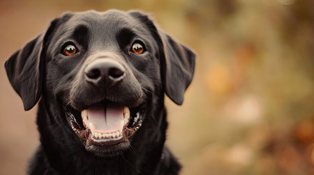 This delightful close-up captures a happy black dog smiling outdoors, showcasing its bright eyes and joyful expression, perfect for pet-themed projects.の素材