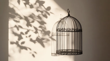 A beautifully crafted birdcage hangs against a wall, casting delicate shadows that enhance the minimalist decor. The soft light creates an inviting atmosphere.の素材