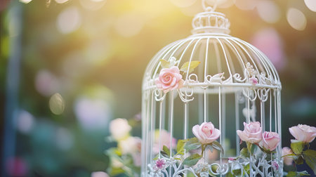 A charming white birdcage adorned with delicate pink roses captures the essence of nature's beauty in a serene garden setting filled with soft sunlight.の素材