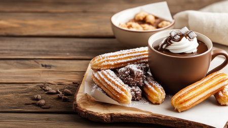This inviting scene features freshly made churros served with rich chocolate sauce and creamy whipped topping, perfect for a cozy dessert experience.の素材