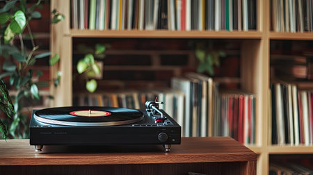 A stylish vintage turntable sits atop a wooden surface, showcasing a vinyl record. In the background, a collection of records creates a cozy, nostalgic atmosphere perfect for music lovers.の素材